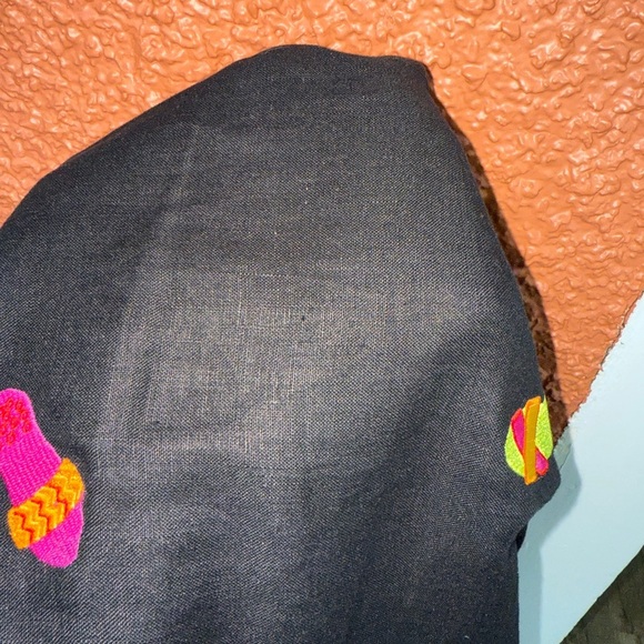 Deane White Size 14 Cropped Pants 100% Linen Black EMBROIDERED FLIP FLOPS Beach - Picture 3 of 4